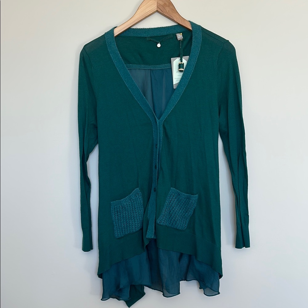 Anthropologie Green Cardigan Sweater with Ruffle Hem